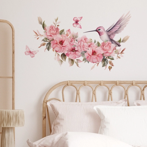 Adesivi Murali con Ramo di Fiori Rosa ad Acquerello Colibrì Farfalla in PVC Decalcomanie Murali Floreali Artistiche per Casa
