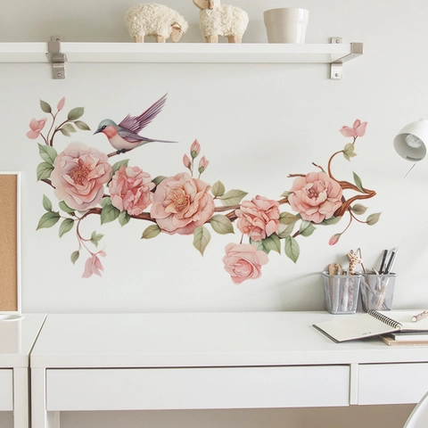 Watercolor Flower Branch Bird Wall Sticker Pink Rose Self-Adhesive PVC Decorative Decal For Bedroom Living Room Home Decor