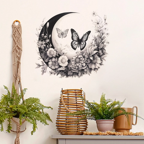 Mond Kranz Floral Schmetterling Wandaufkleber PVC Monochrom Skizze Aufkleber Für Schlafzimmer Wohnzimmer Ästhetik Wanddeko