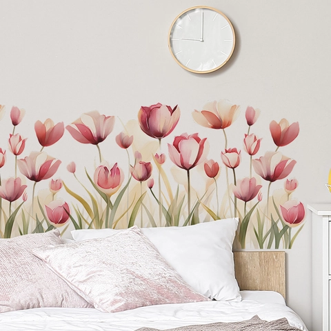 Aquarel Roze Tulp Muurstickers Verwijderbare PVC Romantische Bloemen Muurstickers Voor Slaapkamer Woonkamer DIY Home Decor