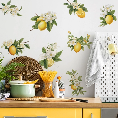 Adesivo da Parete in PVC con Fiori di Limone e Foglie Verdi Autoadesivo per Cucina Soggiorno Decorazione Casa DIY