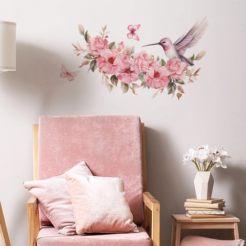 Adesivi Murali con Ramo di Fiori Rosa ad Acquerello Colibrì Farfalla in PVC Decalcomanie Murali Floreali Artistiche per Casa