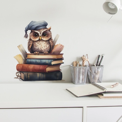 Adesivo da Parete Gufo dei Cartoni Animati su Libri in PVC Autoadesivo per Camera dei Bambini Studio Decorazione Murale