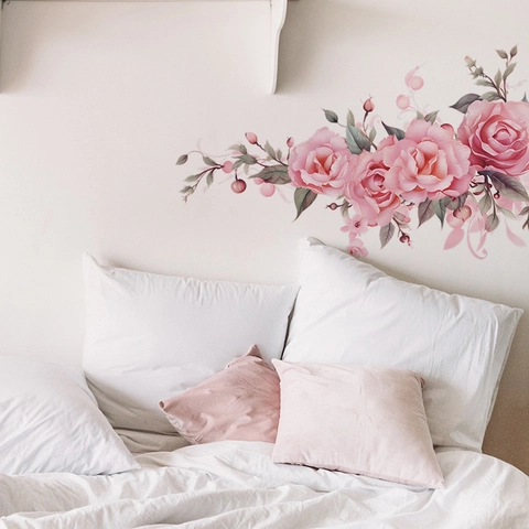 Romantic Pink Rose Floral Wall Sticker Watercolor Green Leaf PVC Self-Adhesive Mural For Bedroom Living Room Home Decoration