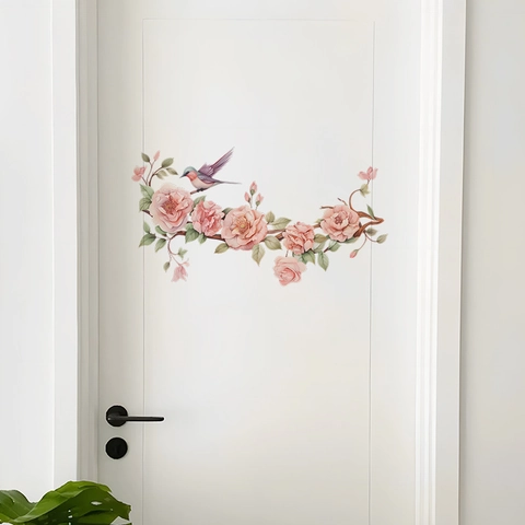 Watercolor Flower Branch Bird Wall Sticker Pink Rose Self-Adhesive PVC Decorative Decal For Bedroom Living Room Home Decor