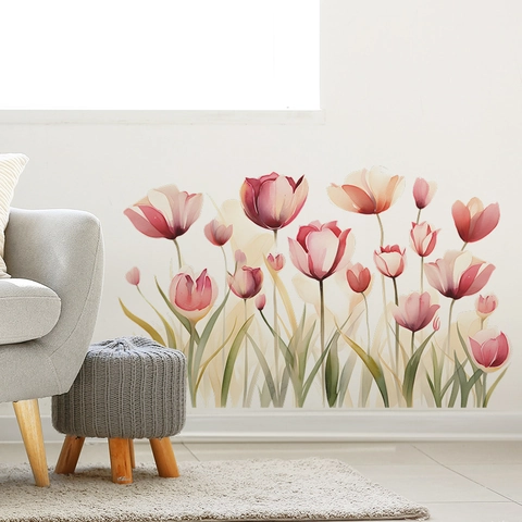 Aquarel Roze Tulp Muurstickers Verwijderbare PVC Romantische Bloemen Muurstickers Voor Slaapkamer Woonkamer DIY Home Decor