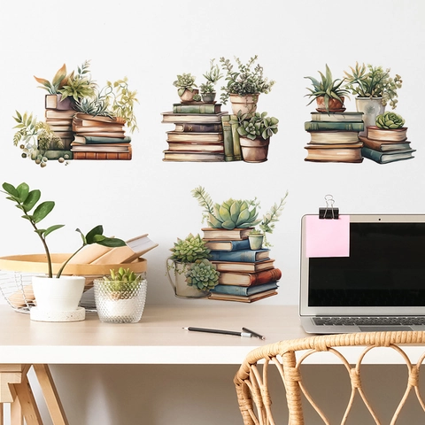 Retro Aquarell Topfpflanzen Und Bücher Selbstklebende PVC Wandtattoo Für Wohnzimmer Schlafzimmer Fenster Dekoration