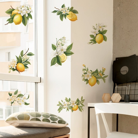 Adesivo da Parete in PVC con Fiori di Limone e Foglie Verdi Autoadesivo per Cucina Soggiorno Decorazione Casa DIY