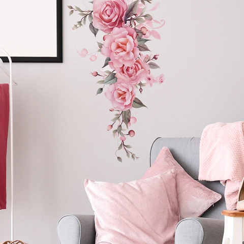 Romantic Pink Rose Floral Wall Sticker Watercolor Green Leaf PVC Self-Adhesive Mural For Bedroom Living Room Home Decoration