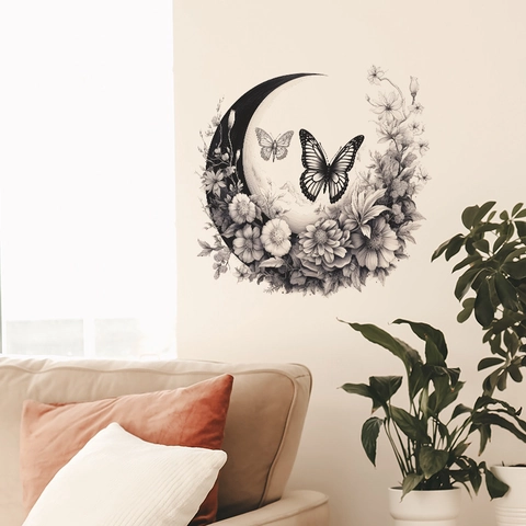 Mond Kranz Floral Schmetterling Wandaufkleber PVC Monochrom Skizze Aufkleber Für Schlafzimmer Wohnzimmer Ästhetik Wanddeko