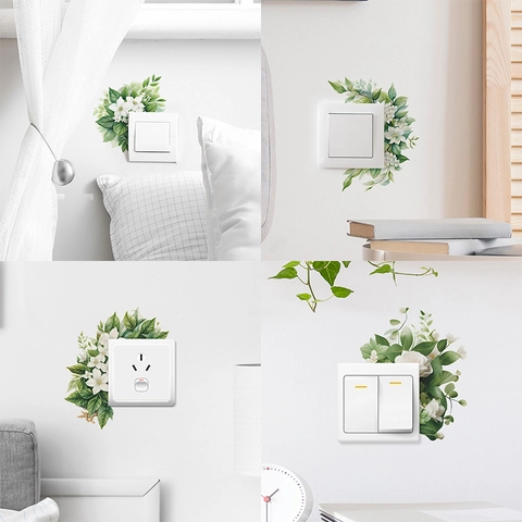 Pegatinas de Pared para Interruptor de Luz de Planta Verde y Flor Blanca PVC Impermeable Calcomanías de Pared Florales Botánicas Para Decoración de Dormitorio Sala