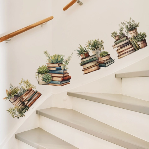 Retro Aquarell Topfpflanzen Und Bücher Selbstklebende PVC Wandtattoo Für Wohnzimmer Schlafzimmer Fenster Dekoration