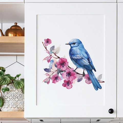 Blue Bird On Flower Branch Watercolor PVC Wall Sticker For Living Room Bedroom Glass Window Door Home Decoration Decal