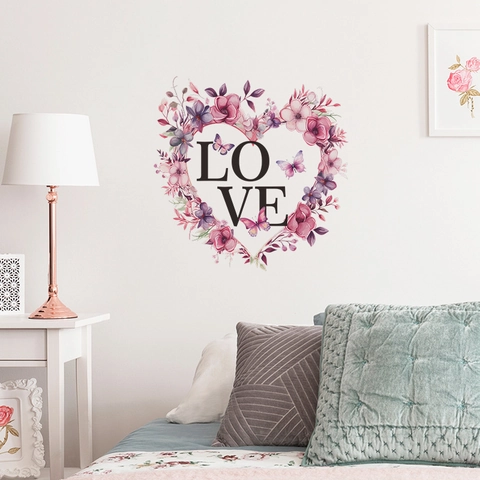 Valentinstag LOVE Herz Blumen Kranz Wandaufkleber PVC Wasserdicht Blumen Schmetterling Wandbild Dekor Für Schlafzimmer