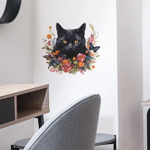 Adesivo da Parete Gatto Nero Fiori in PVC Rimovibile Autoadesivo per Camera da Letto Soggiorno Decorazione Domestica