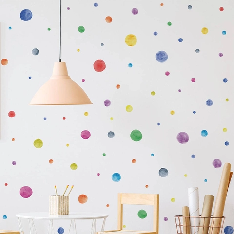 Adesivi Murali a Pois Colorati Acquerello per Cameretta Bambini Removibili Decalcomanie da Parete in PVC a Cerchio Decorazione Casa