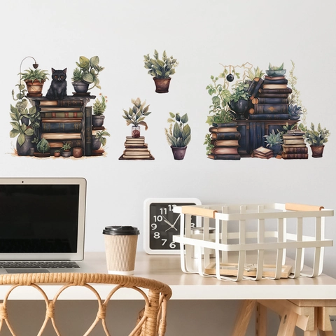 Vintage Aquarel Boekenplank Potplanten Zwarte Kat Muurstickers PVC Decoratieve Decals Voor Studeerkamer Woonkamer Slaapkamer