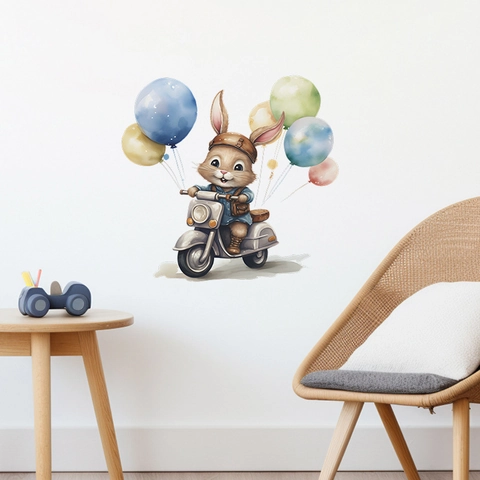 Cartoon Bunny Riding Motorcycle With Balloons Wall Sticker PVC Waterproof Watercolor Animal Decal For Kids Nursery Decor