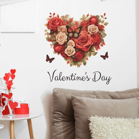 Valentine's Day Heart Shaped Rose Flower Wall Sticker With Butterfly PVC Romantic Removable Wall Decal For Bedroom Decor