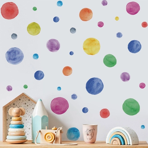 Adesivi Murali a Pois Colorati Acquerello per Cameretta Bambini Removibili Decalcomanie da Parete in PVC a Cerchio Decorazione Casa