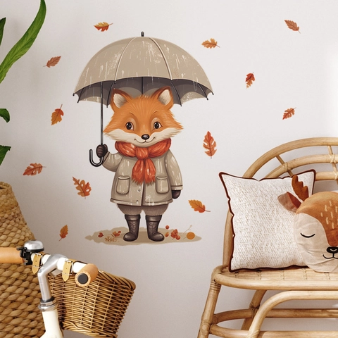 Stickers Muraux Renard Dessin Animé Avec Parapluie Et Feuilles D'Érable D'Automne En PVC Décoratif DIY Pour Chambre D'Enfant Et Salon
