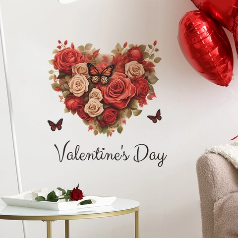 Valentine's Day Heart Shaped Rose Flower Wall Sticker With Butterfly PVC Romantic Removable Wall Decal For Bedroom Decor