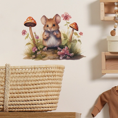 Watercolor Cartoon Mouse Mushroom Wall Sticker PVC Forest Animal Decal For Nursery Kids Room Bedroom Home Wall Decoration