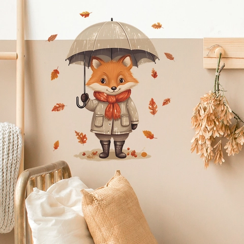 Stickers Muraux Renard Dessin Animé Avec Parapluie Et Feuilles D'Érable D'Automne En PVC Décoratif DIY Pour Chambre D'Enfant Et Salon