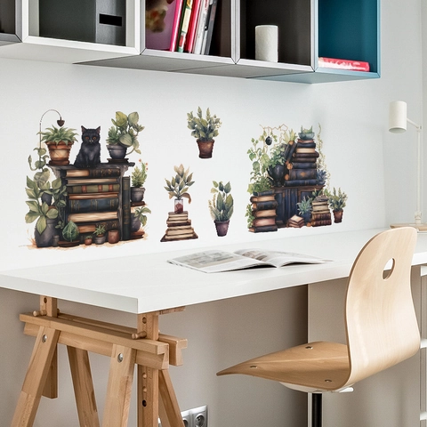 Vintage Aquarel Boekenplank Potplanten Zwarte Kat Muurstickers PVC Decoratieve Decals Voor Studeerkamer Woonkamer Slaapkamer
