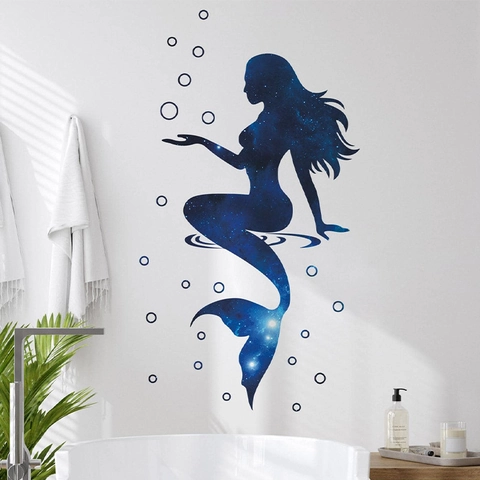 Traumhaft Dunkelblau Sternenhimmel Meerjungfrau Wandtattoo PVC Selbstklebend Galaxie Muster Badezimmer Toilette Deko Wandaufkleber