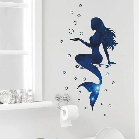Traumhaft Dunkelblau Sternenhimmel Meerjungfrau Wandtattoo PVC Selbstklebend Galaxie Muster Badezimmer Toilette Deko Wandaufkleber