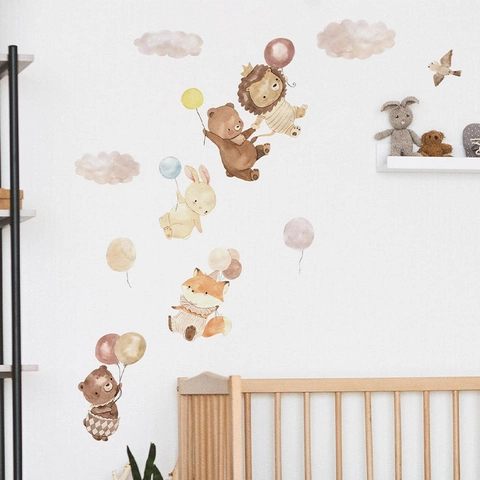 Cartoon Animal Wall Stickers For Kids Room PVC Watercolor Lion Bear Fox Rabbit Balloon Nursery Decorative Wall Decal