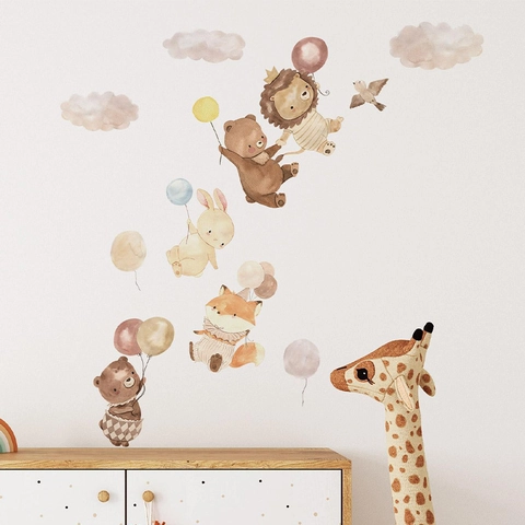 Cartoon Animal Wall Stickers For Kids Room PVC Watercolor Lion Bear Fox Rabbit Balloon Nursery Decorative Wall Decal
