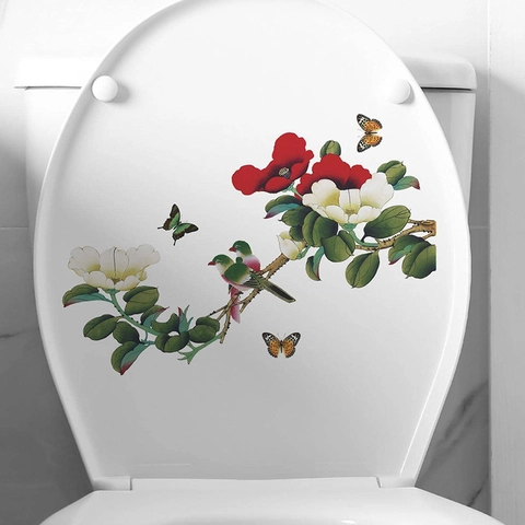 Chinesischer Stil Blumen Vogel Toilettenaufkleber Wasserdicht PVC Badezimmer Deckel Aufkleber Schmetterling Floral Deko Wandsticker