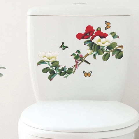 Chinesischer Stil Blumen Vogel Toilettenaufkleber Wasserdicht PVC Badezimmer Deckel Aufkleber Schmetterling Floral Deko Wandsticker