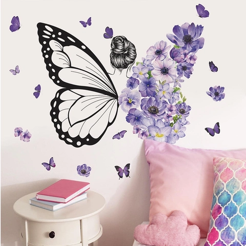 Künstlerische Lila Blume Schmetterling Flügel Mädchen Silhouette Wandtattoo PVC Aufkleber Für Wohnzimmer Schlafzimmer Wand