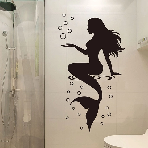 Moderno Minimalista Nero Sirena Silhouette Bolle Adesivo da Parete Bagno Impermeabile PVC Decalcomania Per Specchio Vetro Finestra Piastrelle Decorazione