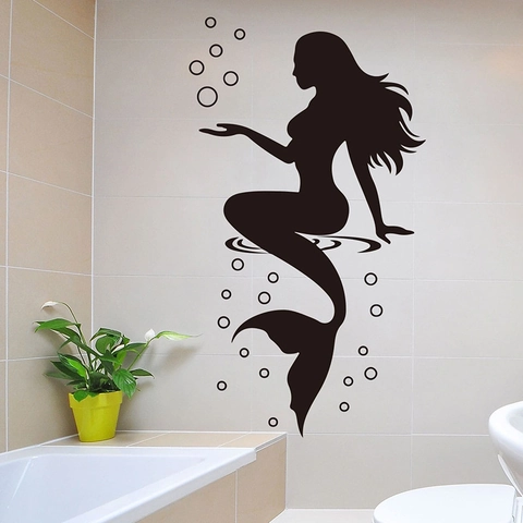 Moderno Minimalista Nero Sirena Silhouette Bolle Adesivo da Parete Bagno Impermeabile PVC Decalcomania Per Specchio Vetro Finestra Piastrelle Decorazione