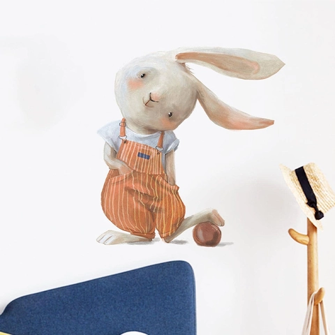 Cartoon Rabbit Wall Sticker Waterproof PVC Watercolor Hand-drawn Bunny Wearing Striped Overalls For Nursery Kids Room Decor