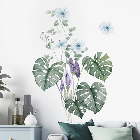 Tropische Grüne Pflanze Monstera Blätter Blaue Blume Wandaufkleber PVC Wasserdicht Abnehmbar Deko Wandbild Wohnzimmer Schlafzimmer
