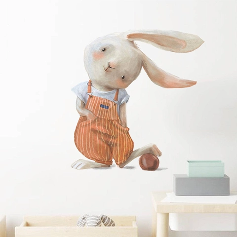 Cartoon Rabbit Wall Sticker Waterproof PVC Watercolor Hand-drawn Bunny Wearing Striped Overalls For Nursery Kids Room Decor