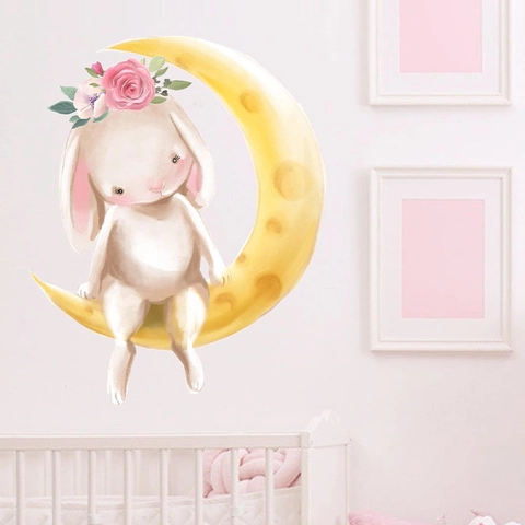 Cartoon Rabbit Sitting On Moon With Flower Wreath Watercolor PVC Wall Sticker For Kids Room Nursery Home Wall Decor
