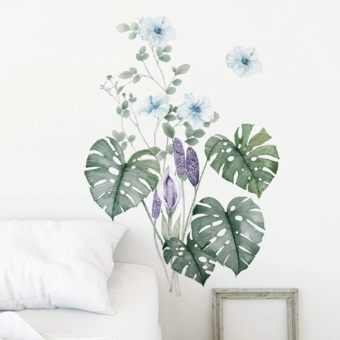 Tropische Grüne Pflanze Monstera Blätter Blaue Blume Wandaufkleber PVC Wasserdicht Abnehmbar Deko Wandbild Wohnzimmer Schlafzimmer
