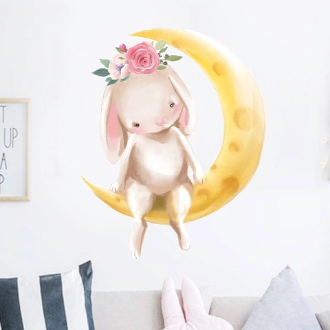 Cartoon Rabbit Sitting On Moon With Flower Wreath Watercolor PVC Wall Sticker For Kids Room Nursery Home Wall Decor