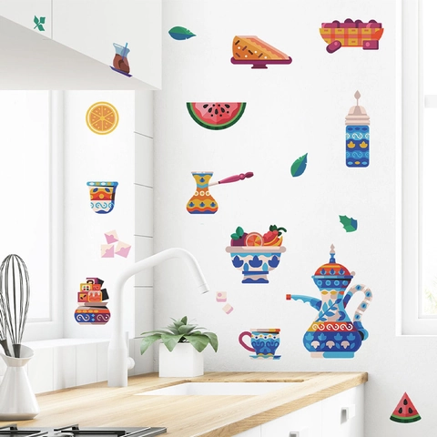 Böhmischer Küchenwandaufkleber PVC Wasserdicht Teekanne Frucht Kuchen Muster DIY Schrank Abnehmbare Kreative Haus Dekoration