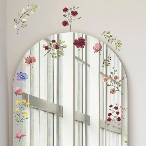 Watercolor Floral Wall Stickers Self Adhesive PVC Flower Mirror Decals Vintage Plant Wall Art For Home Bedroom Decor