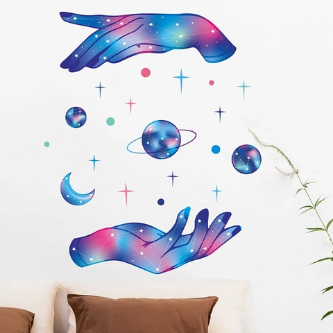 Adesivo da Parete Tema Galassia Mani Creative con Pianeti Stelle Luna Design PVC Autoadesivo Stampato per Decorazione Stanza