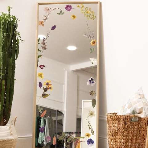 Retro Trockenblume Grüne Pflanze Wandaufkleber PVC Selbstklebend Spiegel Glas Dekoration Gänseblümchen Farn Muster Deko