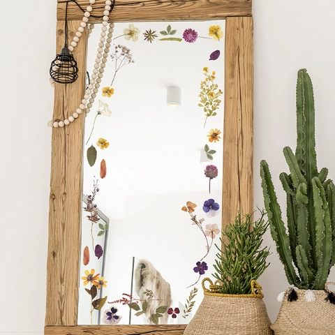 Retro Trockenblume Grüne Pflanze Wandaufkleber PVC Selbstklebend Spiegel Glas Dekoration Gänseblümchen Farn Muster Deko