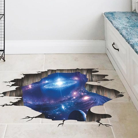 3D Universe Planet Galaxy Space Broken Hole Wall Sticker Self-Adhesive PVC Decorative Decal For Bedroom Living Room Home Decor